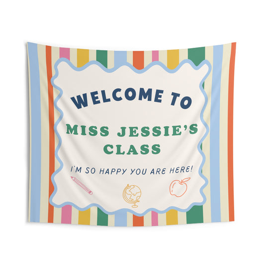 Personalized Teacher Tapestry, Custom Name Classroom Wall Hanging, Back to School Decor, Welcome Sign, Boho Rainbow Stripe Classroom Sign