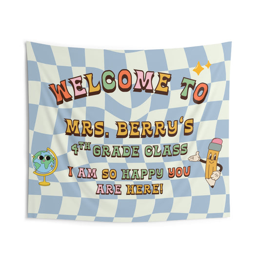 Personalized Retro Classroom Tapestry, Colorful Class Decor, Soft Color Wall Art for Class, Teacher Name Wall Art