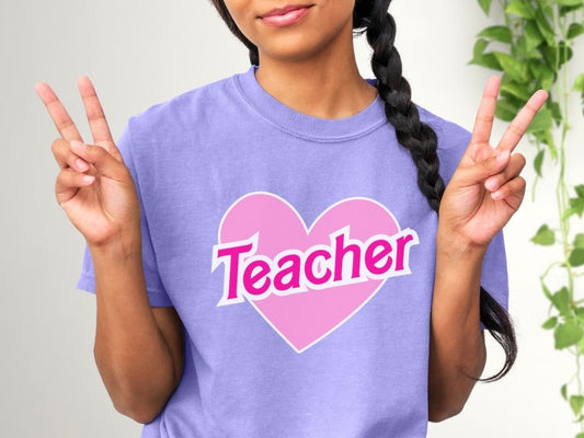 Retro Teacher Shirt, Doll Themed Teach T-Shirt, Pink Heart Teach Apparel, Unisex Comfort Colors