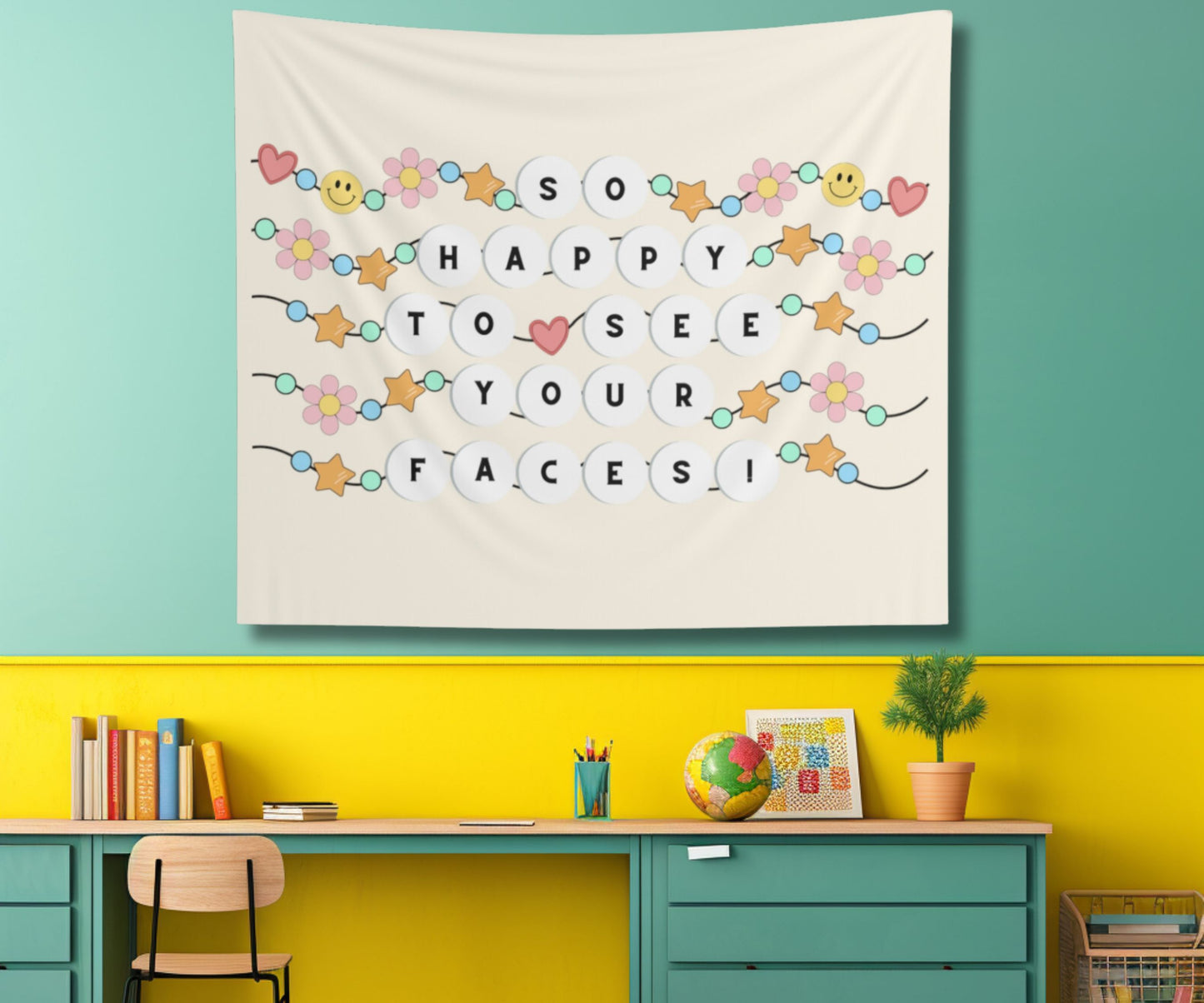 Friendship Bracelet Classroom Tapestry, Teacher Class Decor, So happy to see your faces, Boho neutral decor