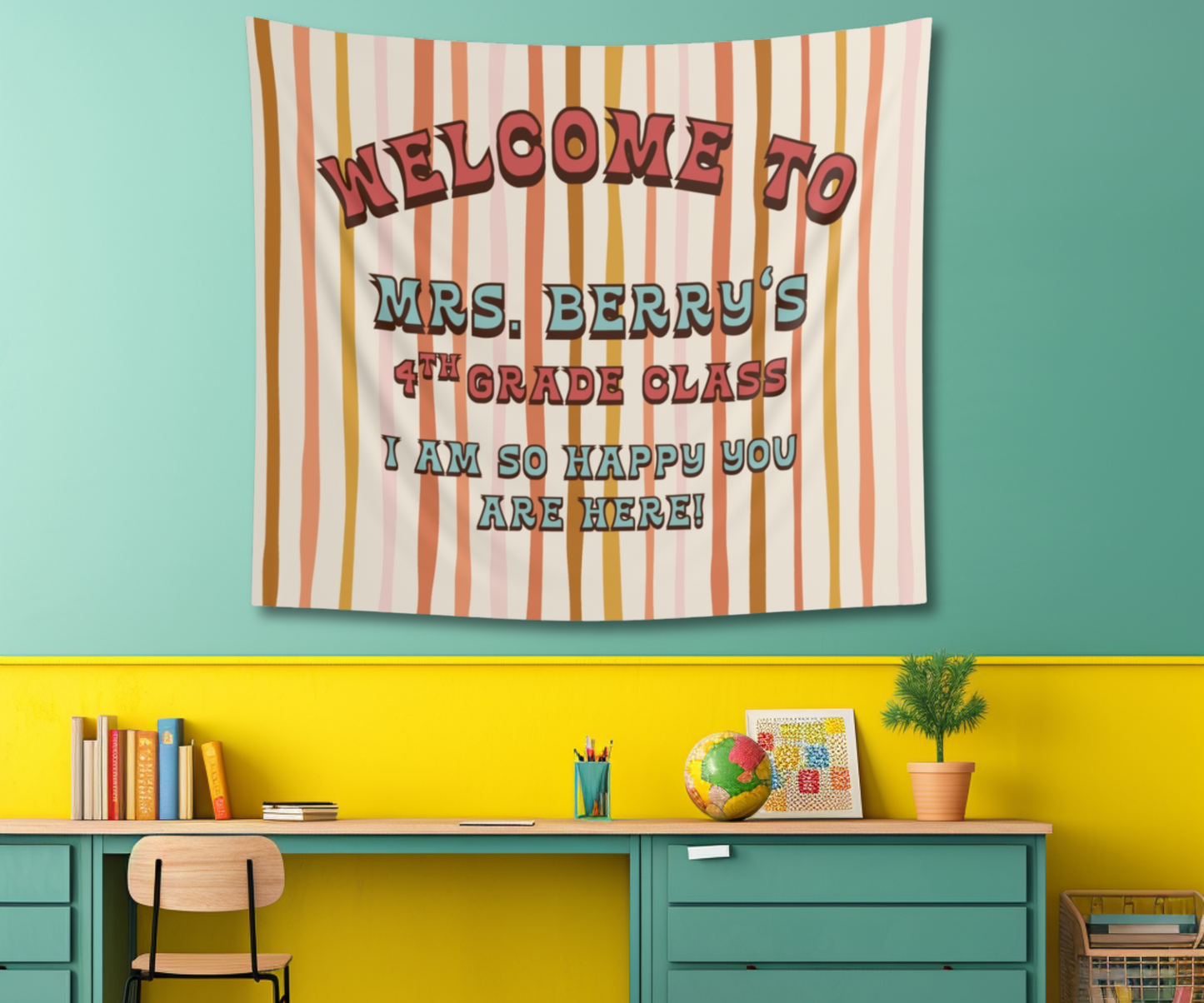 Personalized Retro Classroom Tapestry, Neutral Class Decor, Soft Color Wall Art for Class, Teacher Name Wall Art