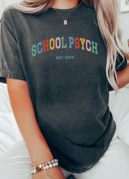 School Psychologist Varsity EST T Shirt, Personalized School Psych tee, cute school psych apparel, custom gift school psychologist
