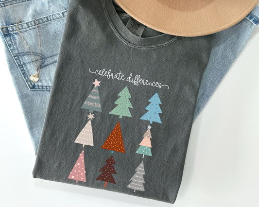 Christmas Celebrate Differences T-shirt, Inclusion and Acceptance Tee, Unisex Garment-Dyed Top, Gift for Teachers