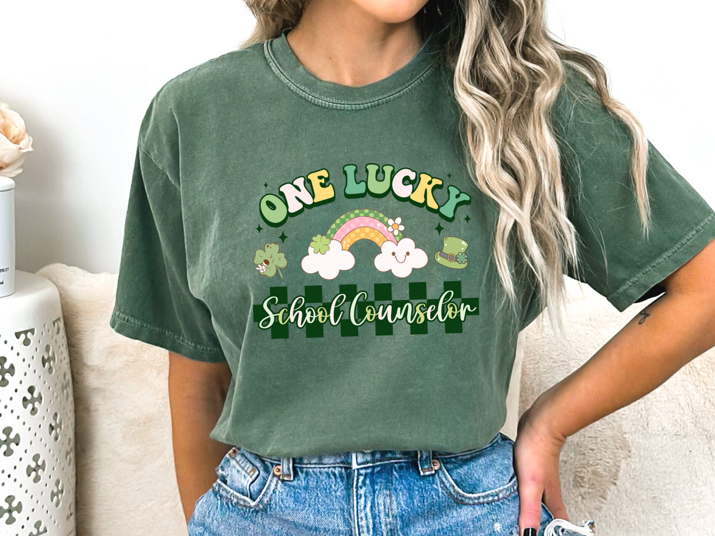 Checkered St. Patrick's Day School Counselor T-shirt, One Lucky School Counselor Apparel, School Counselor Tee, Comfort Colors 1717