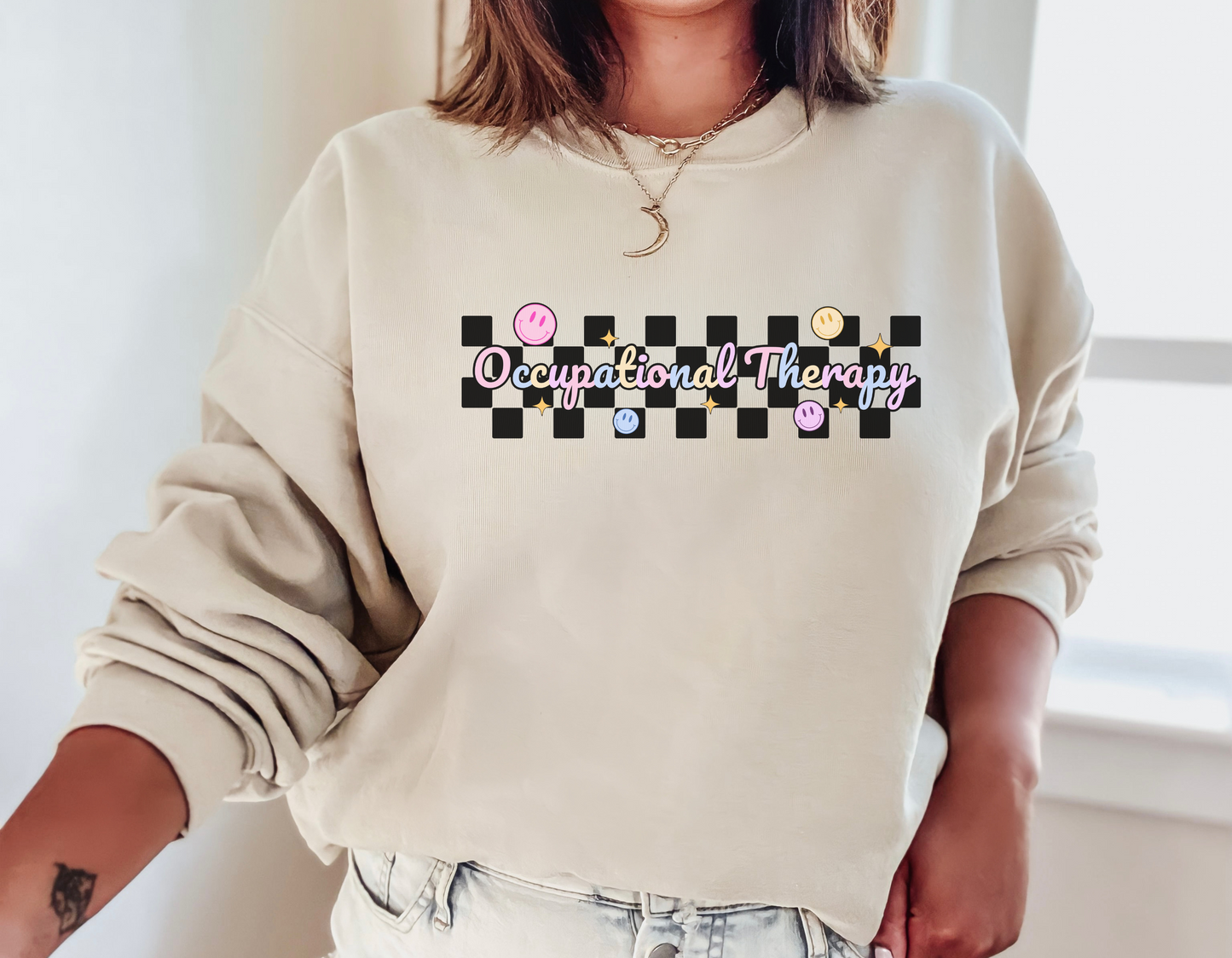 Retro Occupational Therapist Checkered Sweatshirt, Cute Ot Ota Tees, Colorful Occupational Therapy Apparel, Gilden 18000
