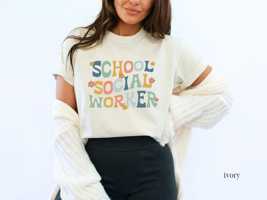 Retro School Social Worker Floral T-shirt, School LCSW Graphic Tee, Gift for School Social Worker, Comfort Colors 1717