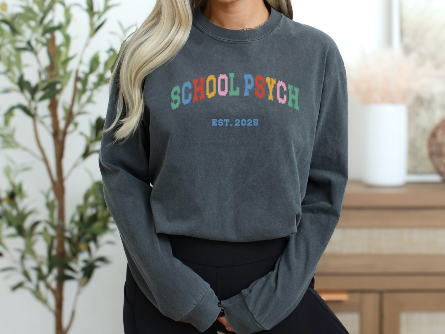 School Psychologist Varsity EST Long Sleeve Shirt, Personalized School Psych tee, cute school psych apparel, custom gift school psychologist