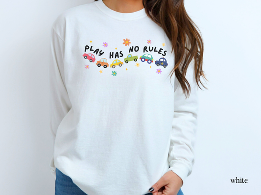 Play Has No Rules Long Sleeve T-Shirt, Cars Graphic Tee, Teacher & Therapist Apparel, Inclusive Play Shirt