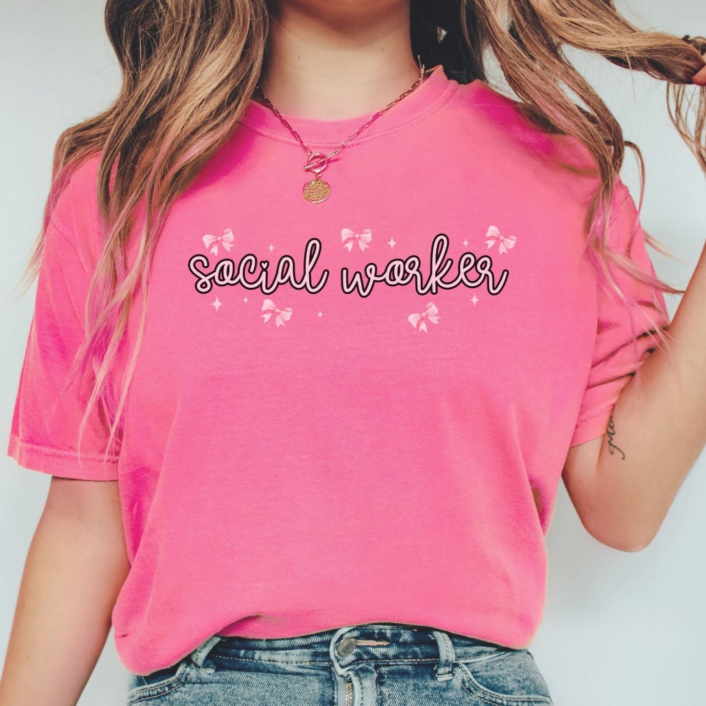 Comfort Colors Social Worker Pink Bow Tee, Coquette Social work graphic Tee, gift for social worker