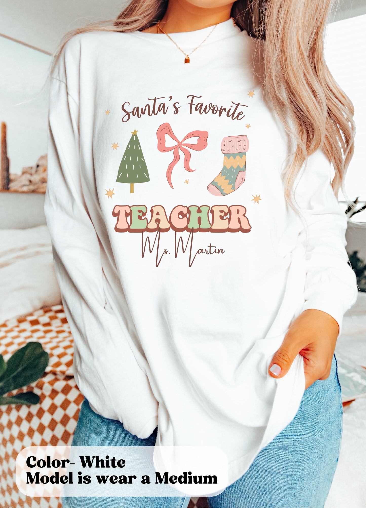 Personalized Teacher Long Sleeve Shirt, Custom Holiday Retro teacher shirt, cute teacher apparel with name, holiday gift for teacher