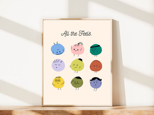 All The Feels Emotions Poster | Hand-drawn Classroom Feelings Chart | SEL Wall Art | School Counselor Decor | Therapist Office Matte Poster Print