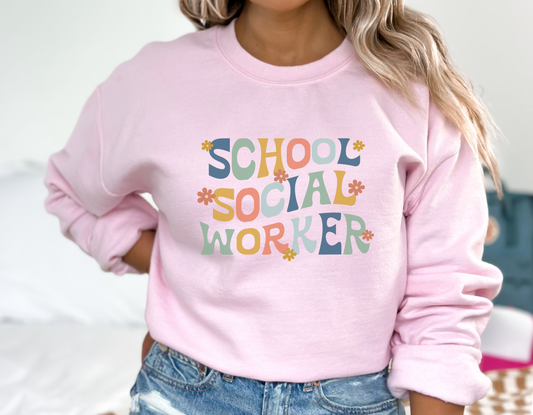 Retro School Social Worker Floral Sweatshirt, School LCSW Graphic Crewneck, Gift for School Social Worker, Gilden