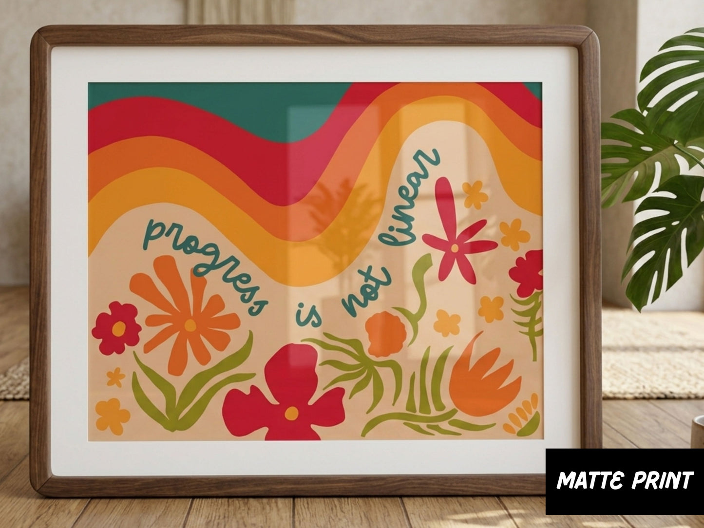 Progress Is Not Linear Poster | Retro Groovy Classroom Print | Hand-drawn Special Education Decor | Boho Floral Motivational Print