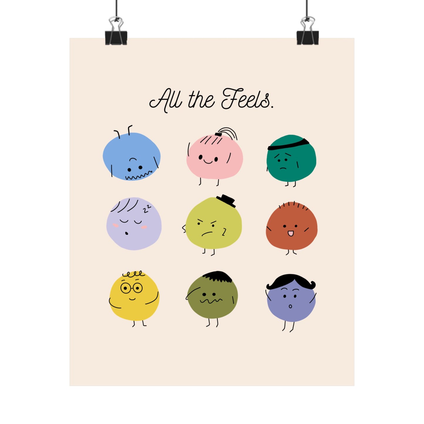 All The Feels Emotions Poster | Hand-drawn Classroom Feelings Chart | SEL Wall Art | School Counselor Decor | Therapist Office Matte Poster Print