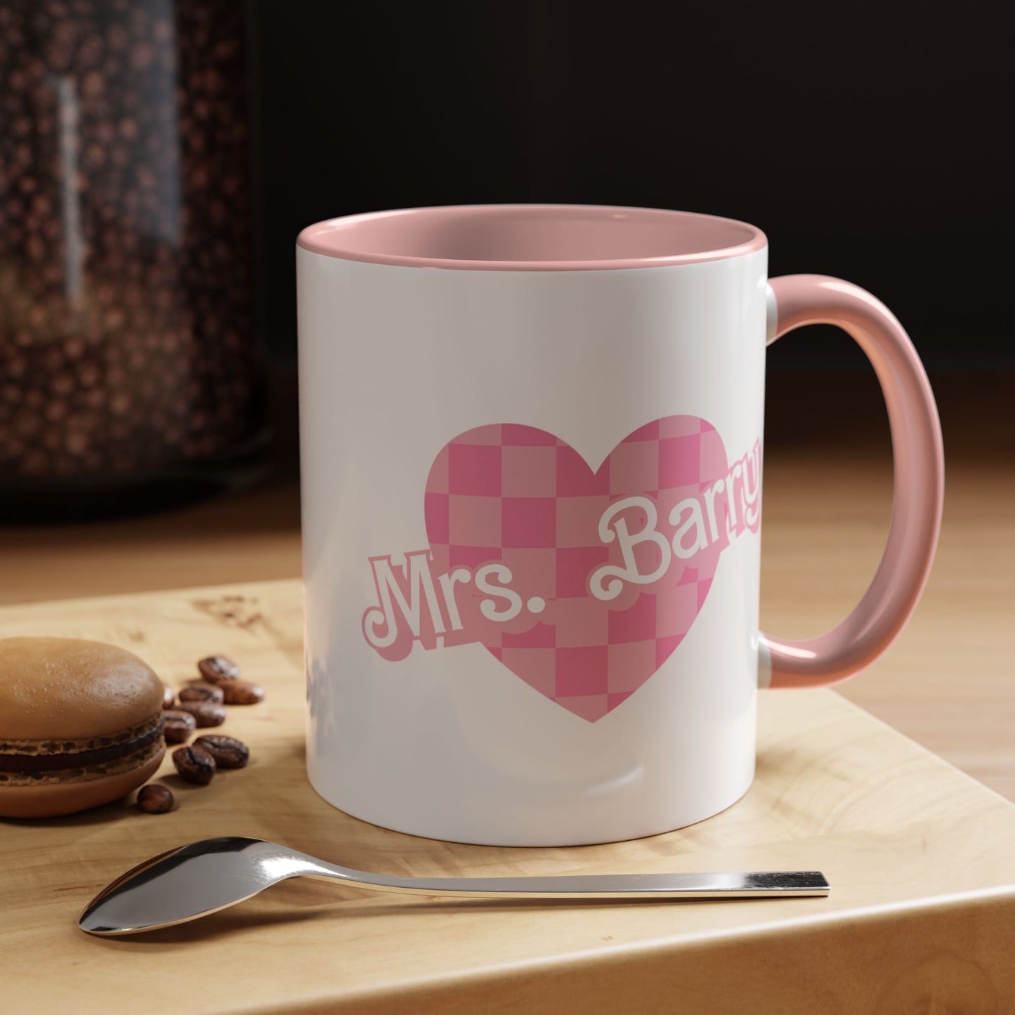 Personalized Checkered Heart Teacher Mug, 90s Pink Custom Gift for Educator School Staff, 11oz, 15oz