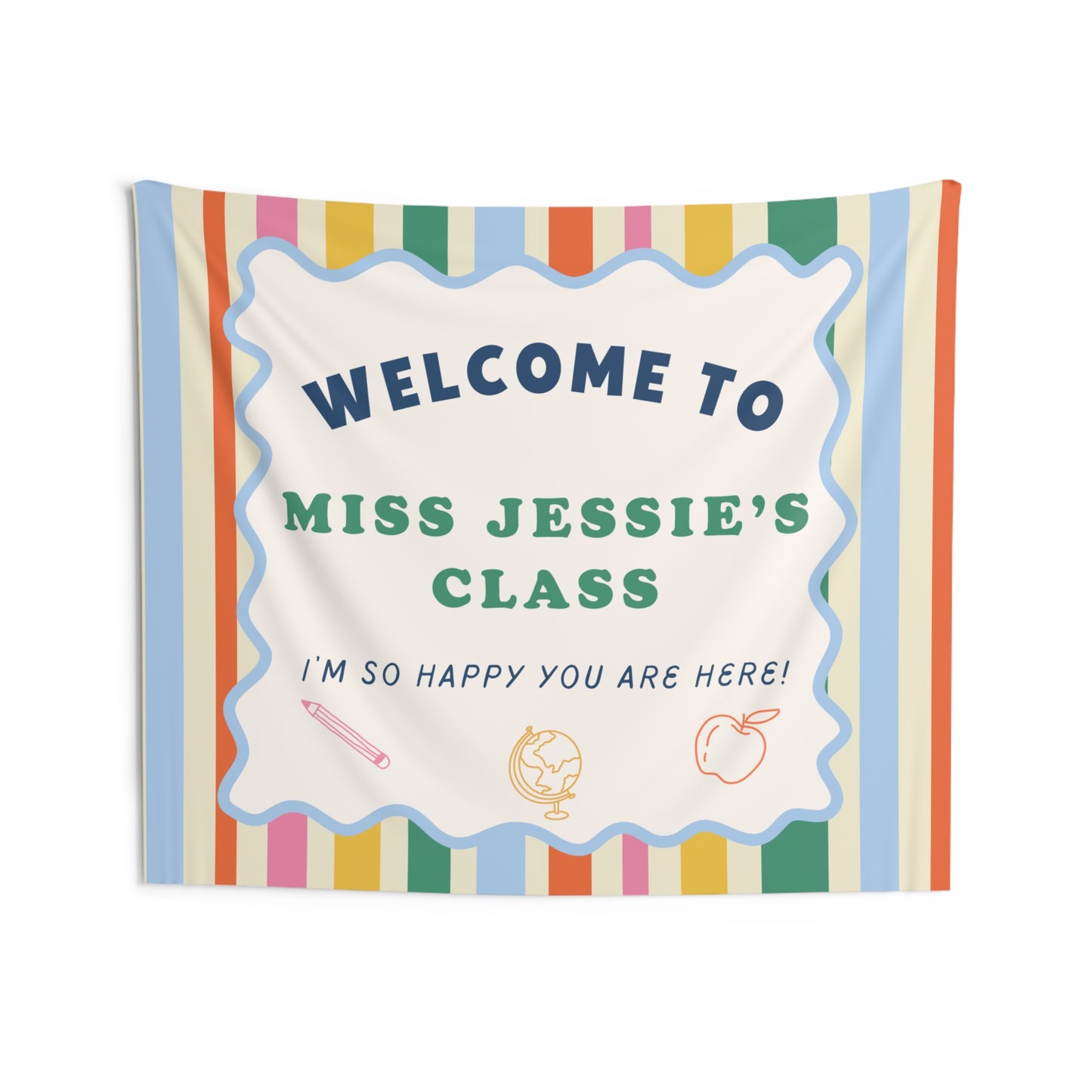Personalized Teacher Tapestry, Custom Name Classroom Wall Hanging, Back to School Decor, Welcome Sign, Boho Rainbow Stripe Classroom Sign