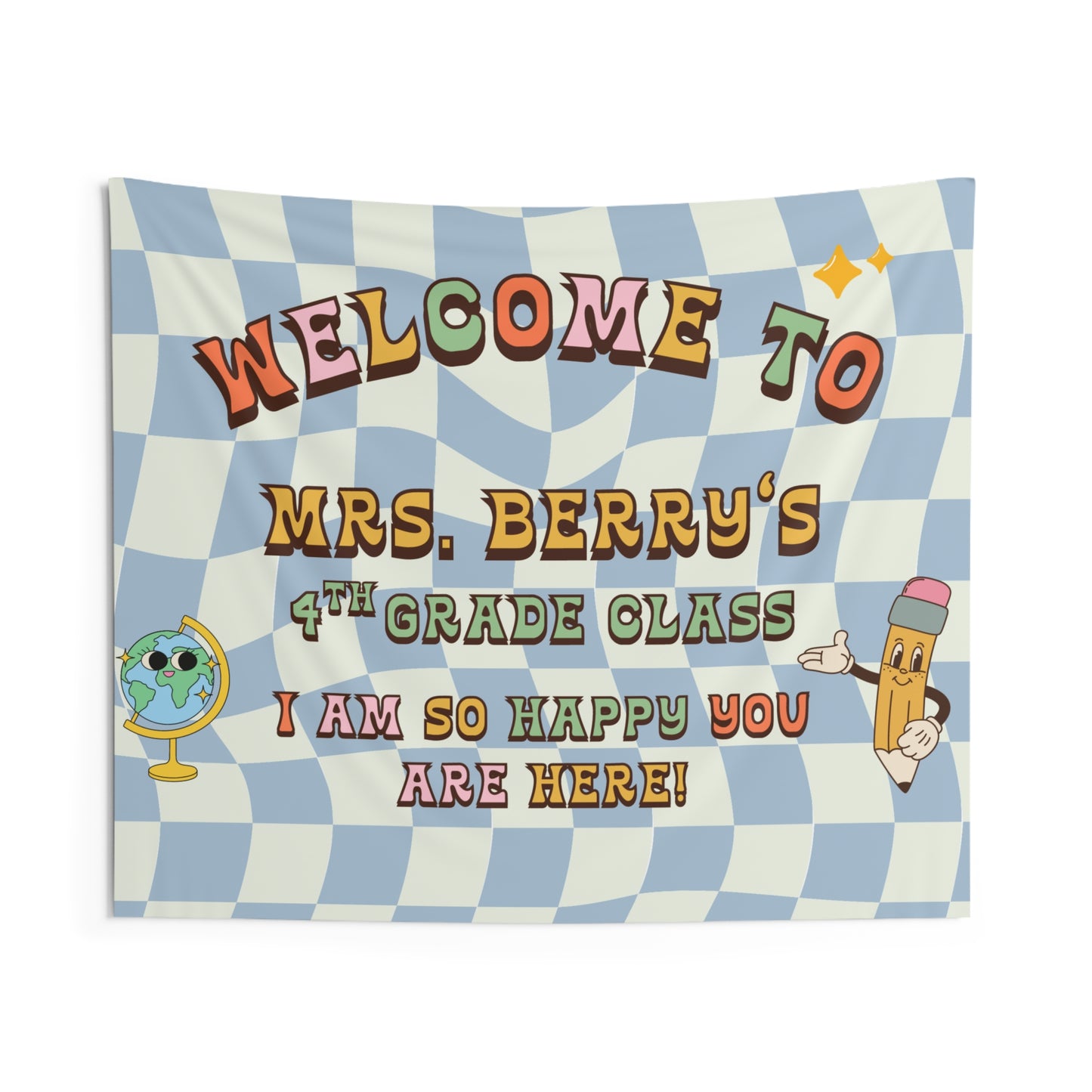 Personalized Retro Classroom Tapestry, Colorful Class Decor, Soft Color Wall Art for Class, Teacher Name Wall Art