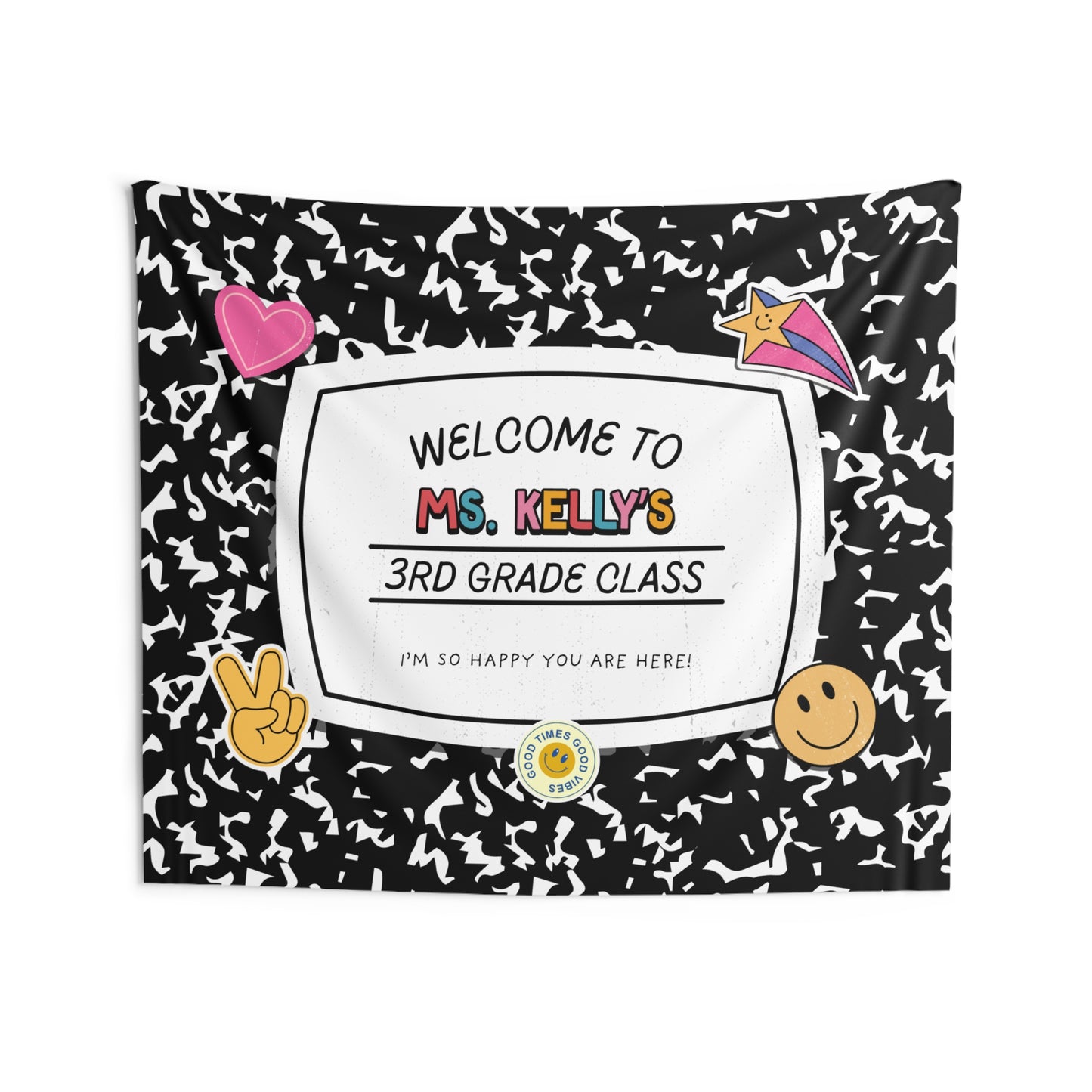 Personalized Classroom Tapestry, Retro Composition Book Teacher Name Sign, Welcome Banner Back to School Decor, Custom Grade Wall Art