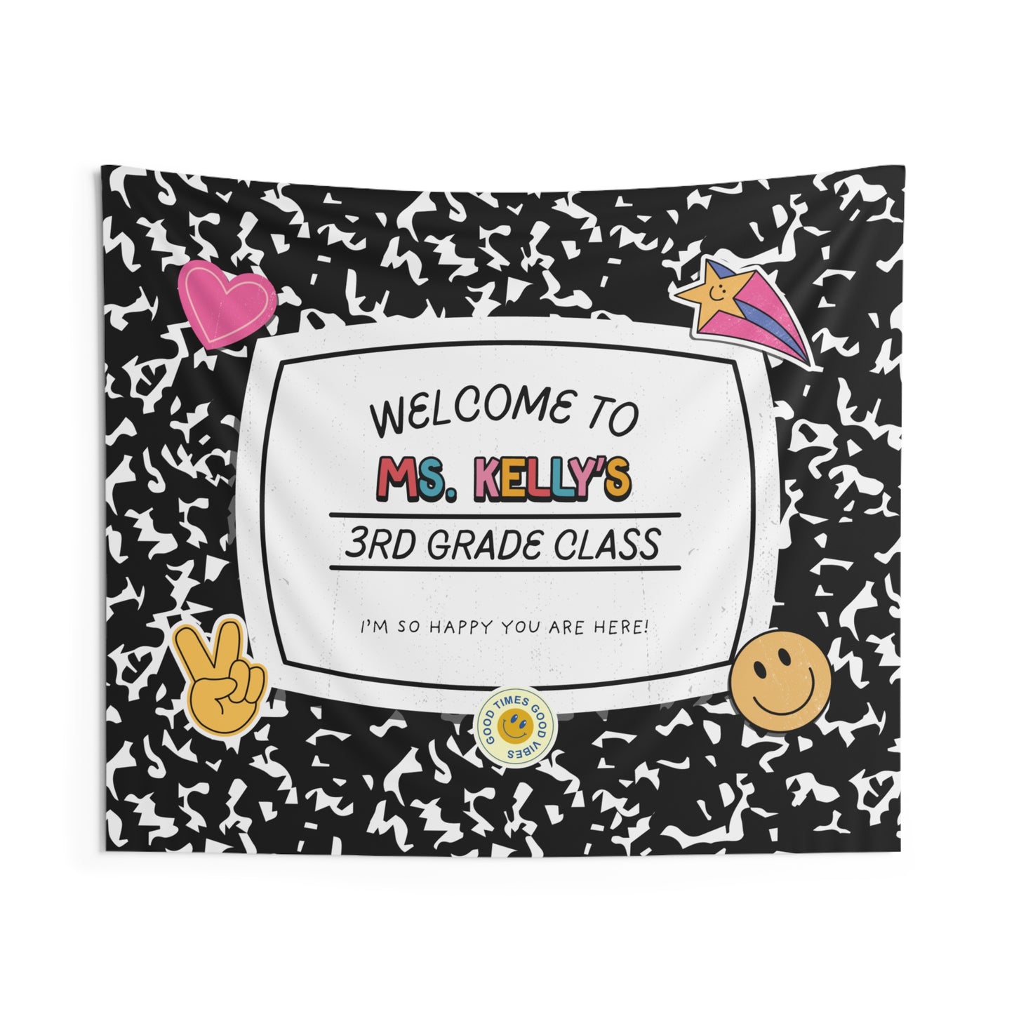 Personalized Classroom Tapestry, Retro Composition Book Teacher Name Sign, Welcome Banner Back to School Decor, Custom Grade Wall Art
