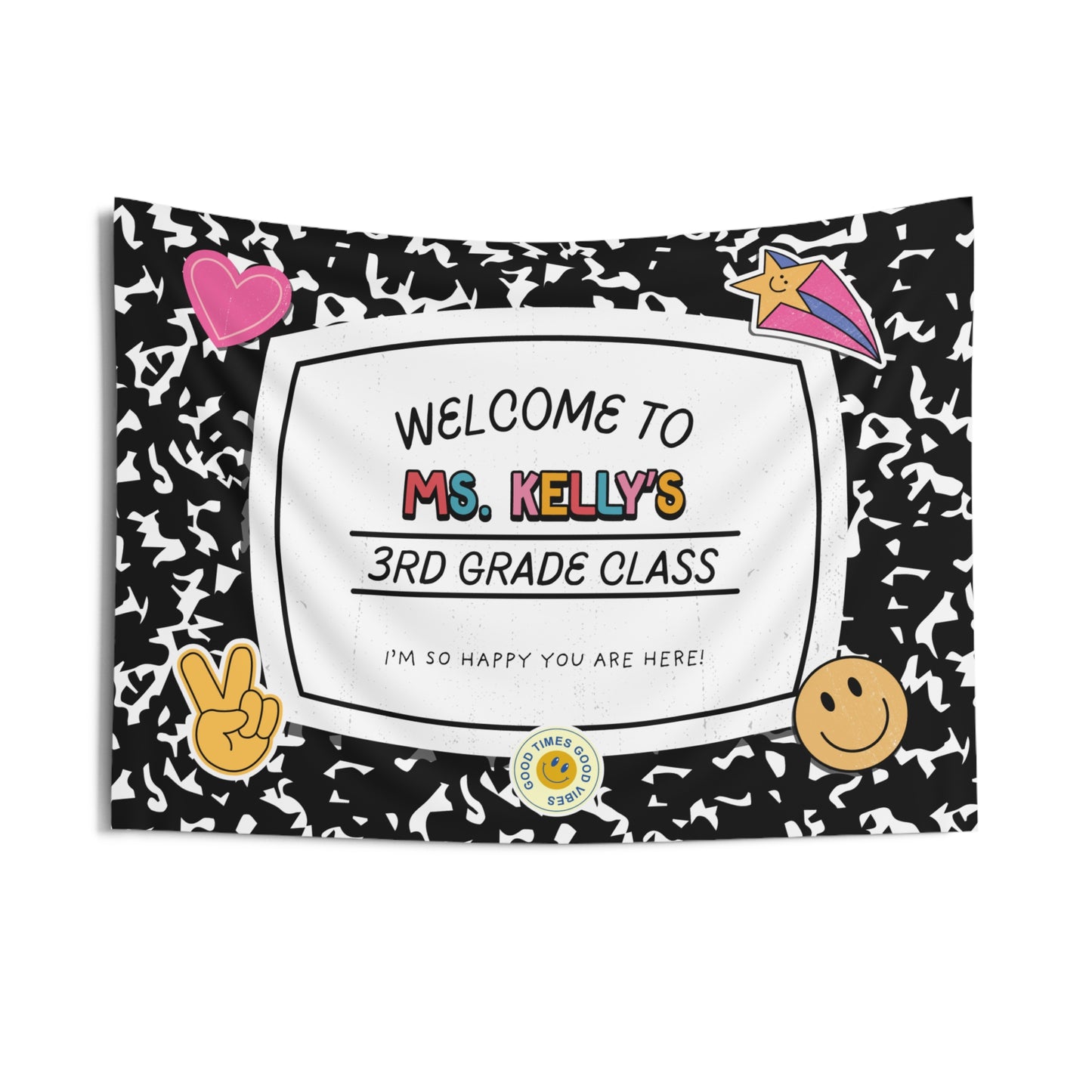 Personalized Classroom Tapestry, Retro Composition Book Teacher Name Sign, Welcome Banner Back to School Decor, Custom Grade Wall Art