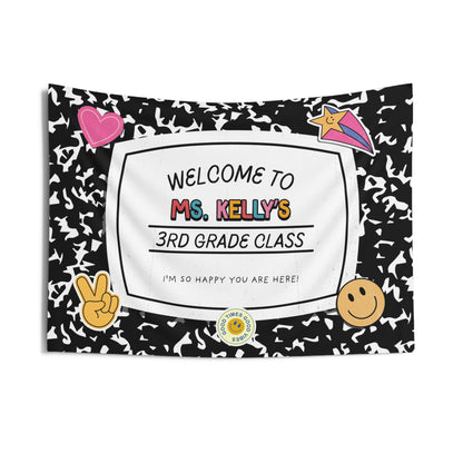 Personalized Classroom Tapestry, Retro Composition Book Teacher Name Sign, Welcome Banner Back to School Decor, Custom Grade Wall Art