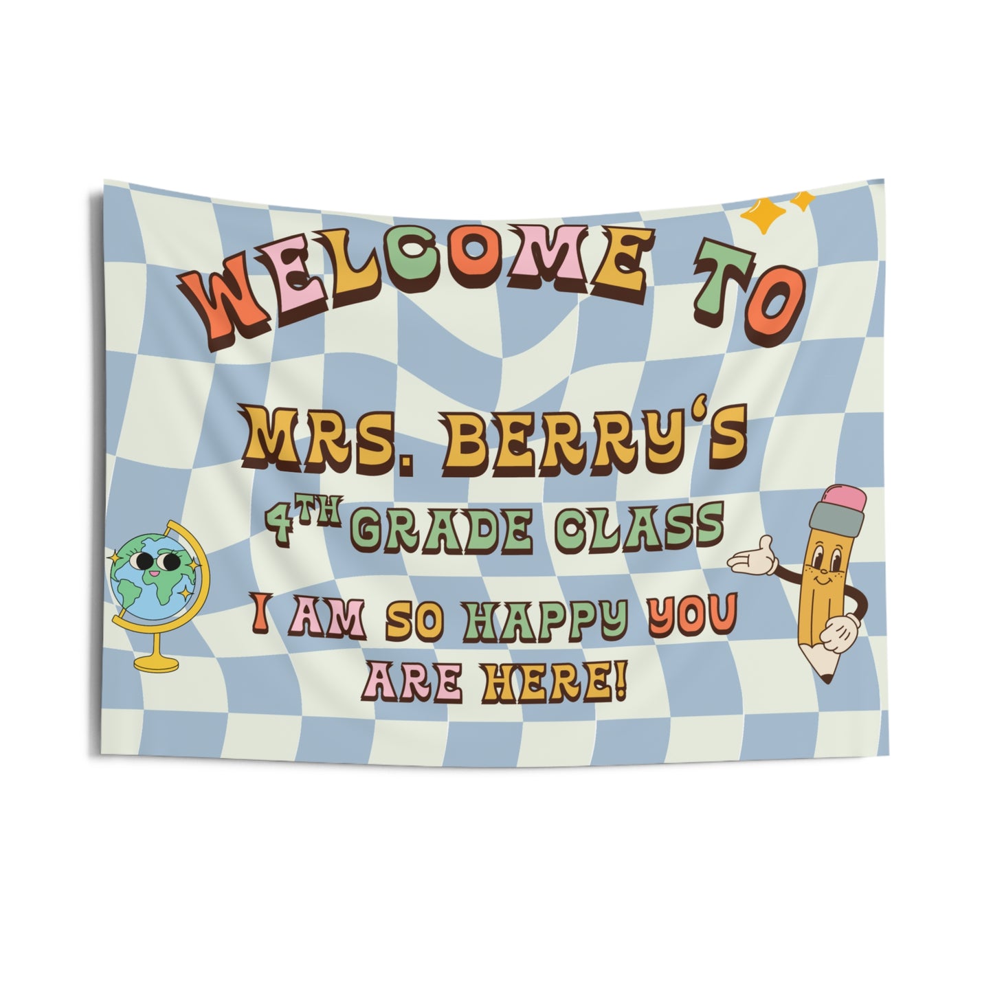 Personalized Retro Classroom Tapestry, Colorful Class Decor, Soft Color Wall Art for Class, Teacher Name Wall Art