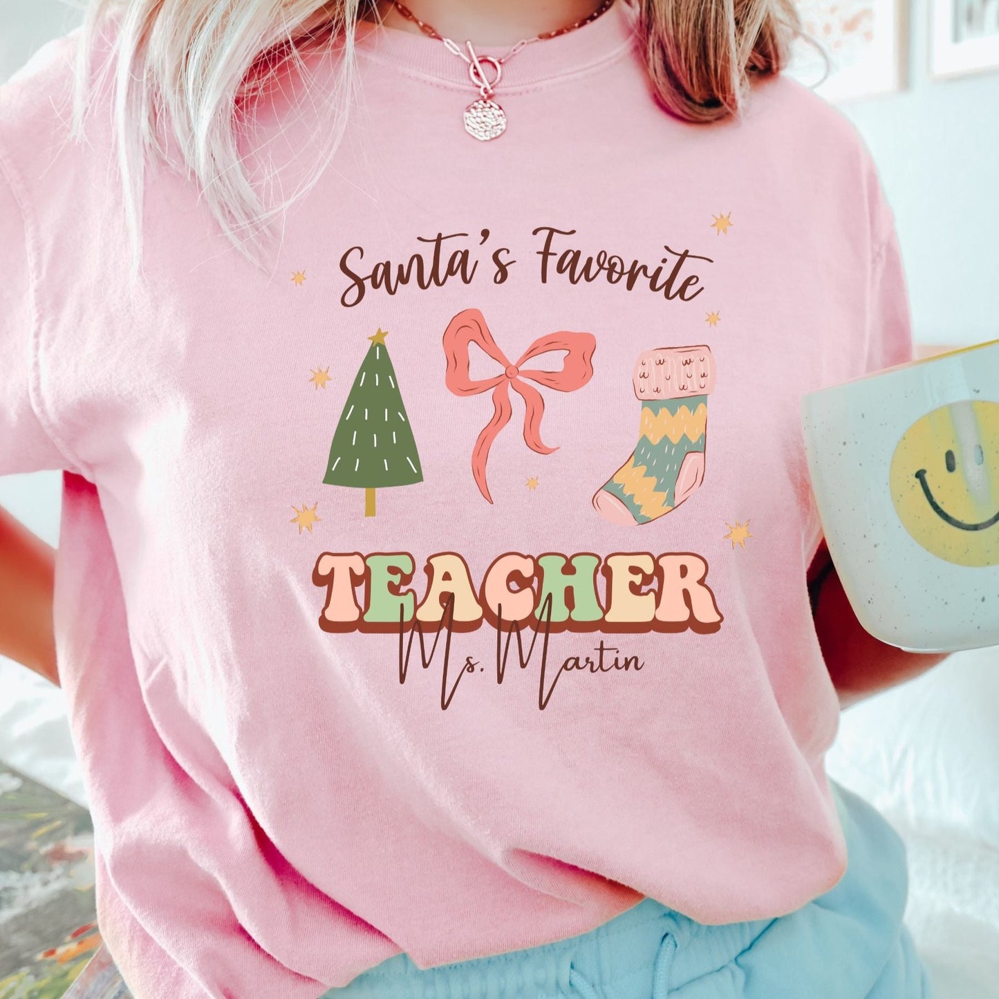 Personalized Teacher Holiday Shirt, Custom Christmas Retro teacher shirt, cute teacher apparel with name, holiday gift for teacher