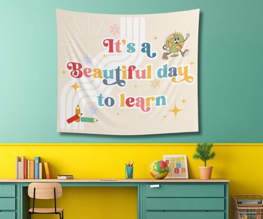 Retro Classroom Tapestry, Teacher Class Decor, It's a Beautiful Day to Learn