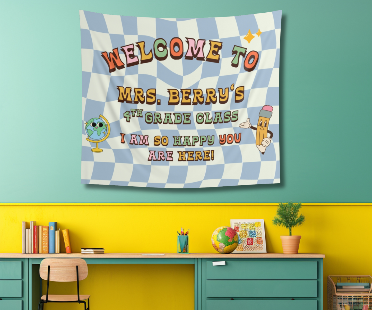 Personalized Retro Classroom Tapestry, Colorful Class Decor, Soft Color Wall Art for Class, Teacher Name Wall Art
