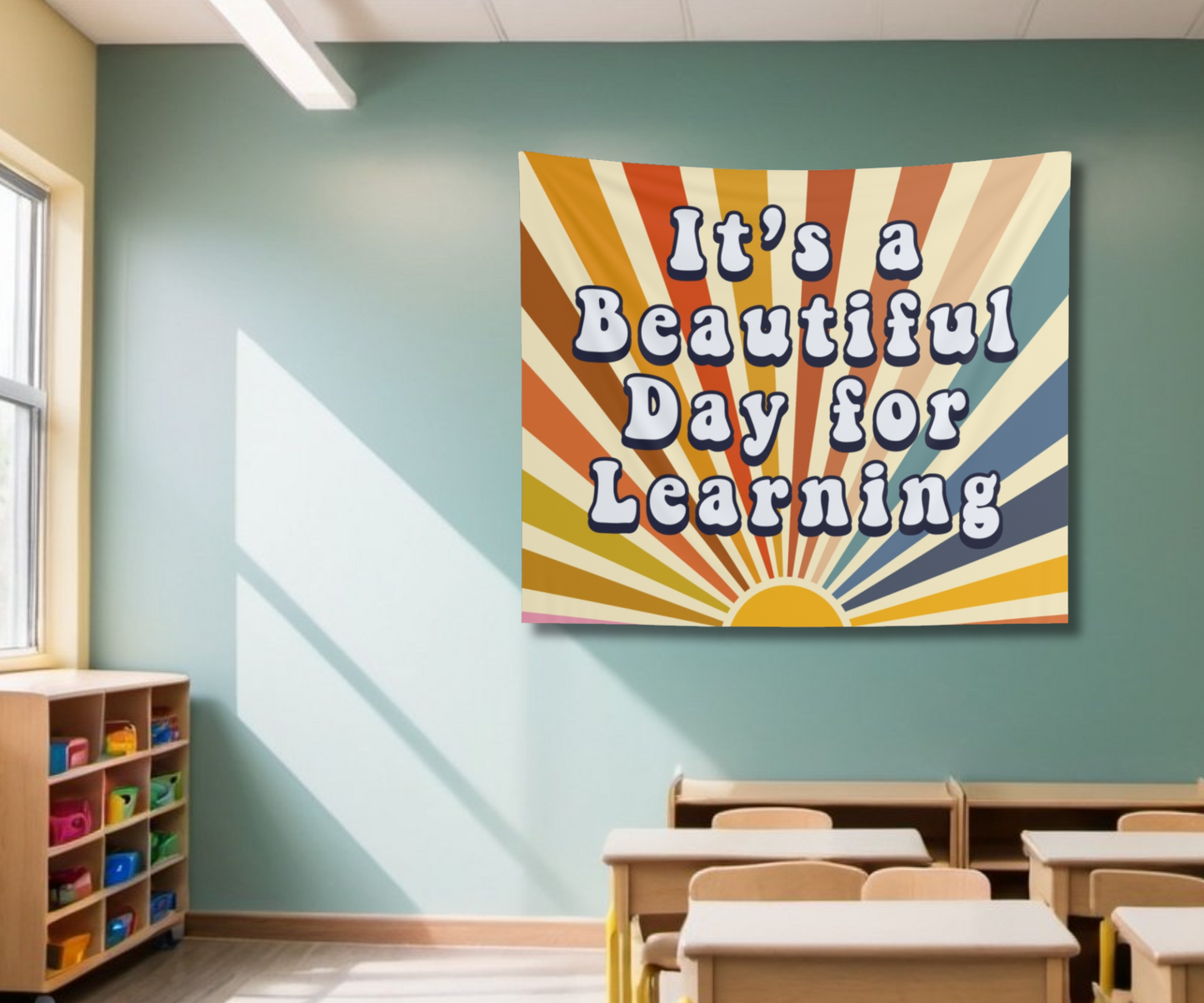 Retro Sun Classroom Tapestry, It's a Beautiful Day for Learning Class Decor, Retro classroom decor, Teacher wall art, Classroom welcome sign
