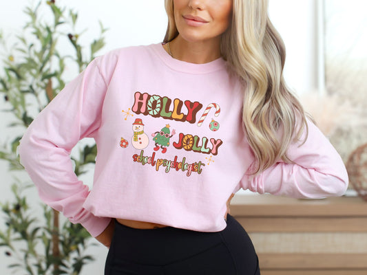 Christmas School Psychologist Long Sleeve Shirt, Holly Jolly School Psych tee, cute school psych apparel, custom gift school psychologist