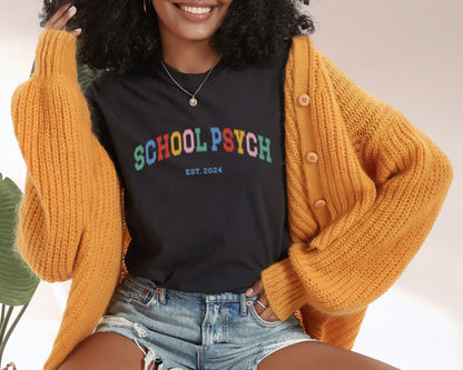 School Psychologist Varsity EST T Shirt, Personalized School Psych tee, cute school psych apparel, custom gift school psychologist