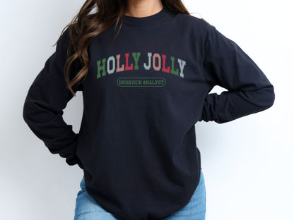 Christmas BCBA Varsity Long Sleeve Shirt, Holly Jolly Behavior Analyst tee, cute bcba rbt aba apparel, Comfort Colors 6014