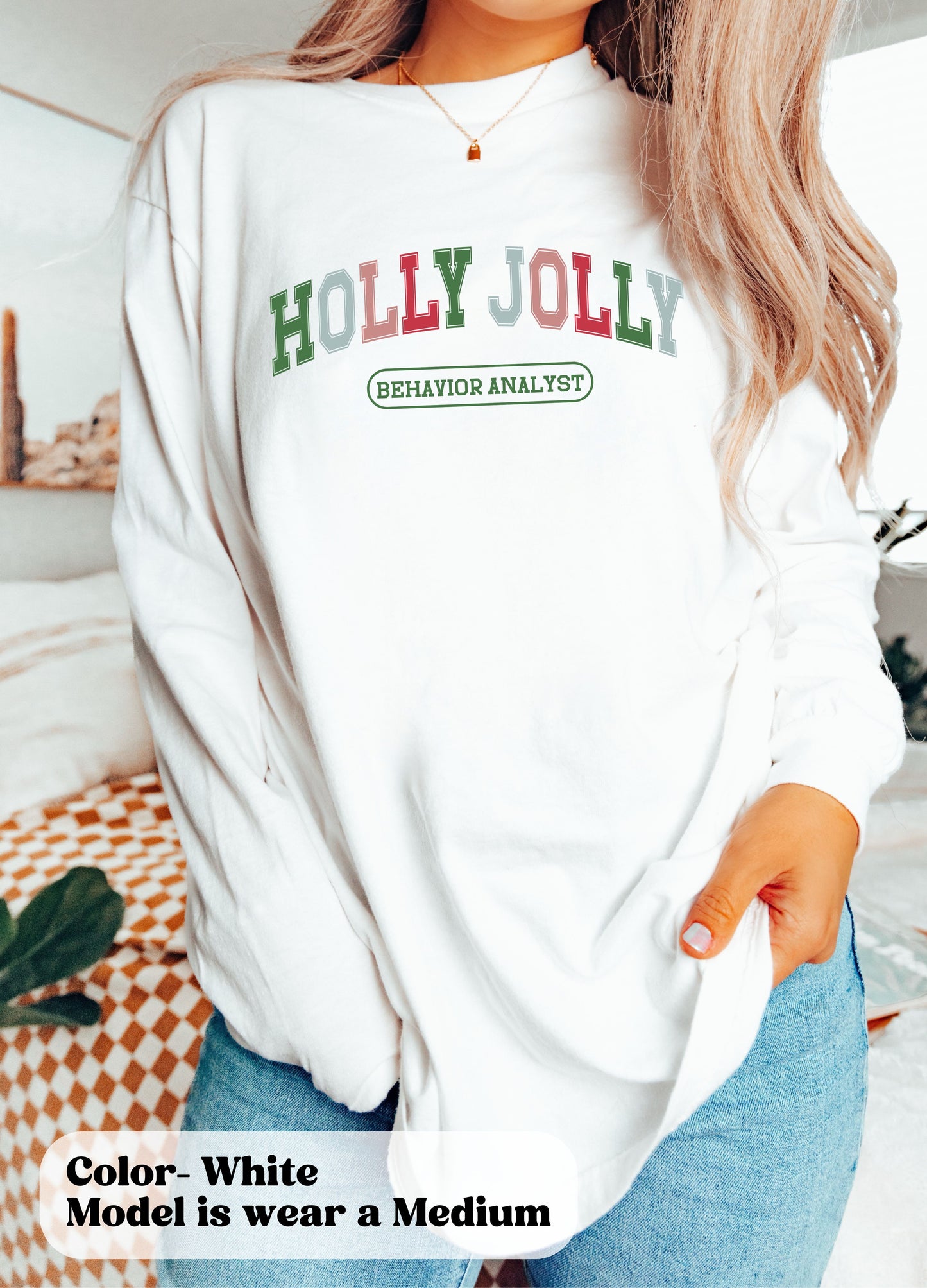 Christmas BCBA Varsity Long Sleeve Shirt, Holly Jolly Behavior Analyst tee, cute bcba rbt aba apparel, Comfort Colors 6014