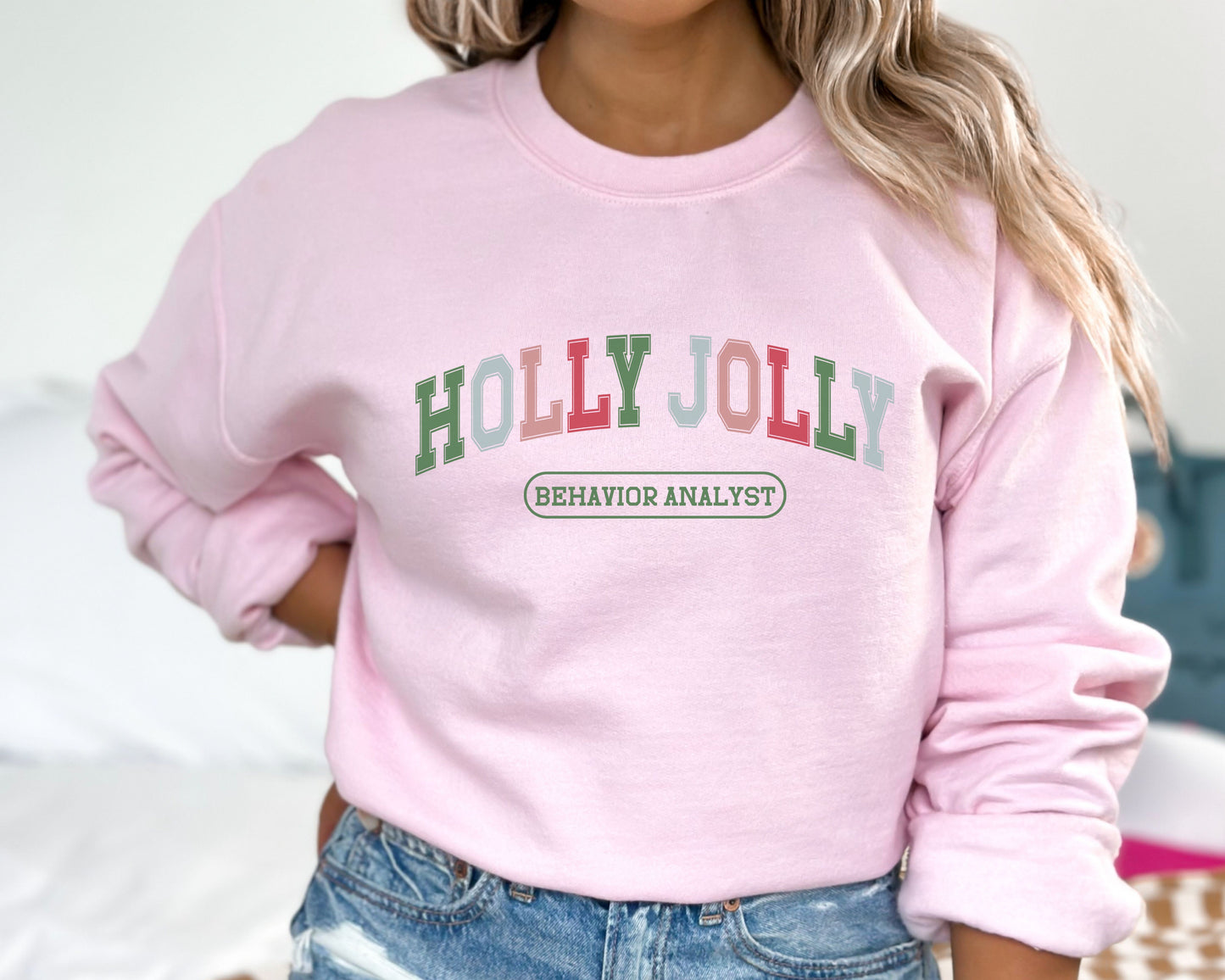 Christmas BCBA Varsity Sweatshirt, Holly Jolly Behavior Analyst Crewneck, cute bcba rbt aba apparel, Comfort Colors Gildan