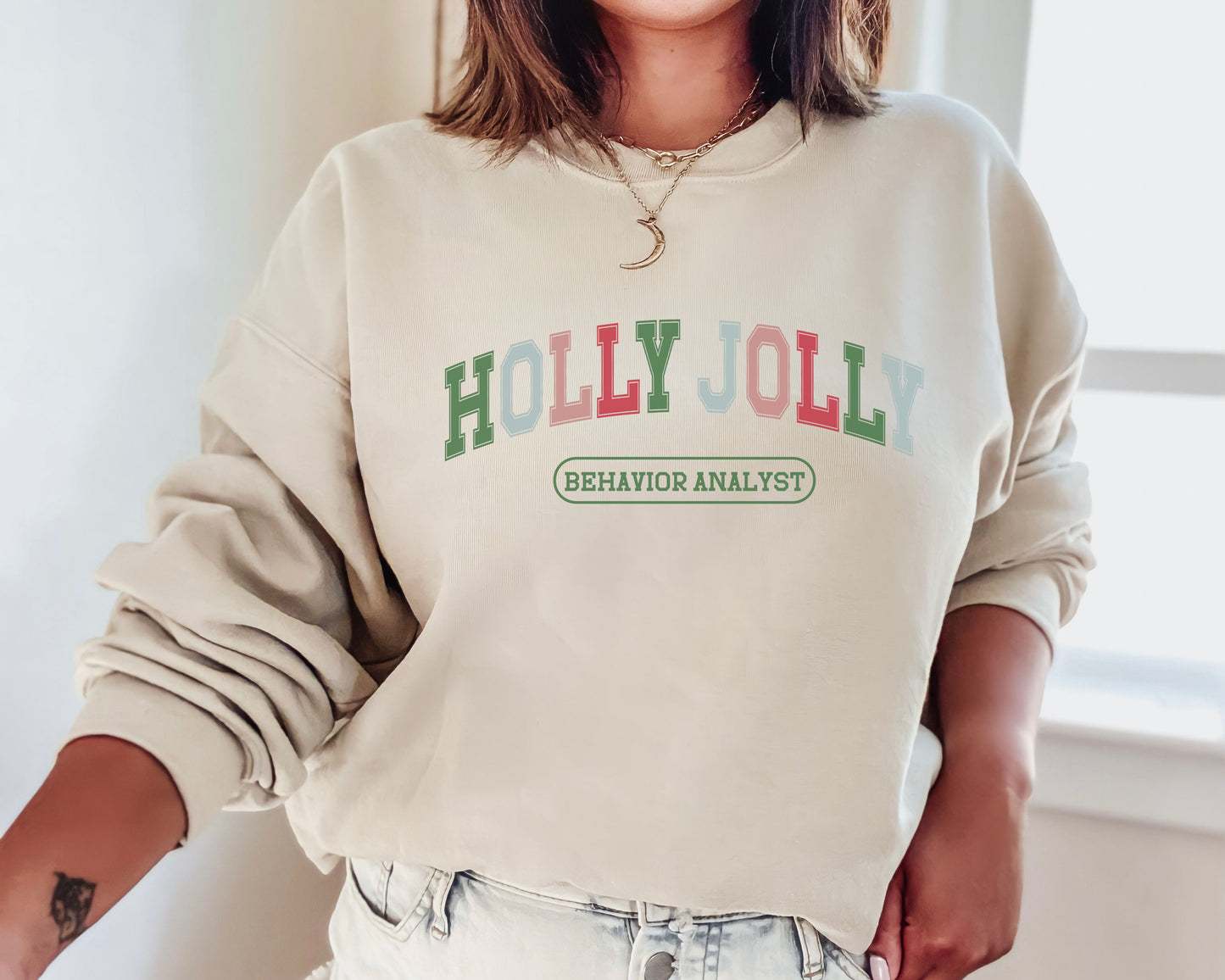 Christmas BCBA Varsity Sweatshirt, Holly Jolly Behavior Analyst Crewneck, cute bcba rbt aba apparel, Comfort Colors Gildan