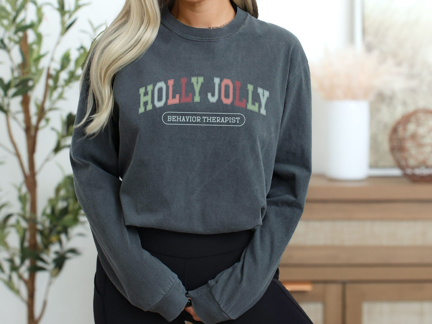 Christmas Behavior Therapist Varsity Long Sleeve Shirt, Holly Jolly Behavior Therapist tee, cute aba apparel, Comfort Colors 6014