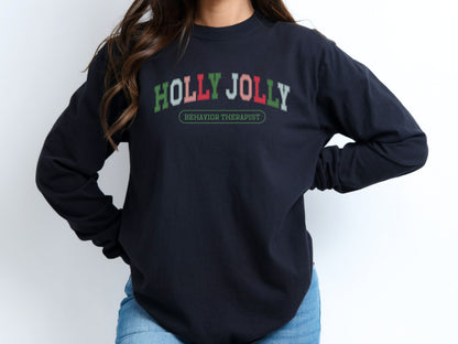 Christmas Behavior Therapist Varsity Long Sleeve Shirt, Holly Jolly Behavior Therapist tee, cute aba apparel, Comfort Colors 6014