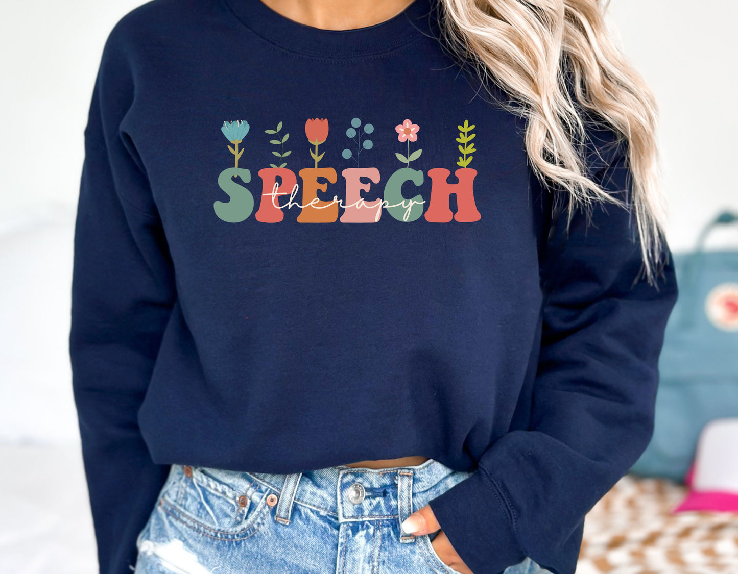 Floral Speech Therapy Sweatshirt, Groovy Font, Unisex Sweatshirt, Crewneck Jumper, Gift for Speech Therapist, Vintage Style Pullover