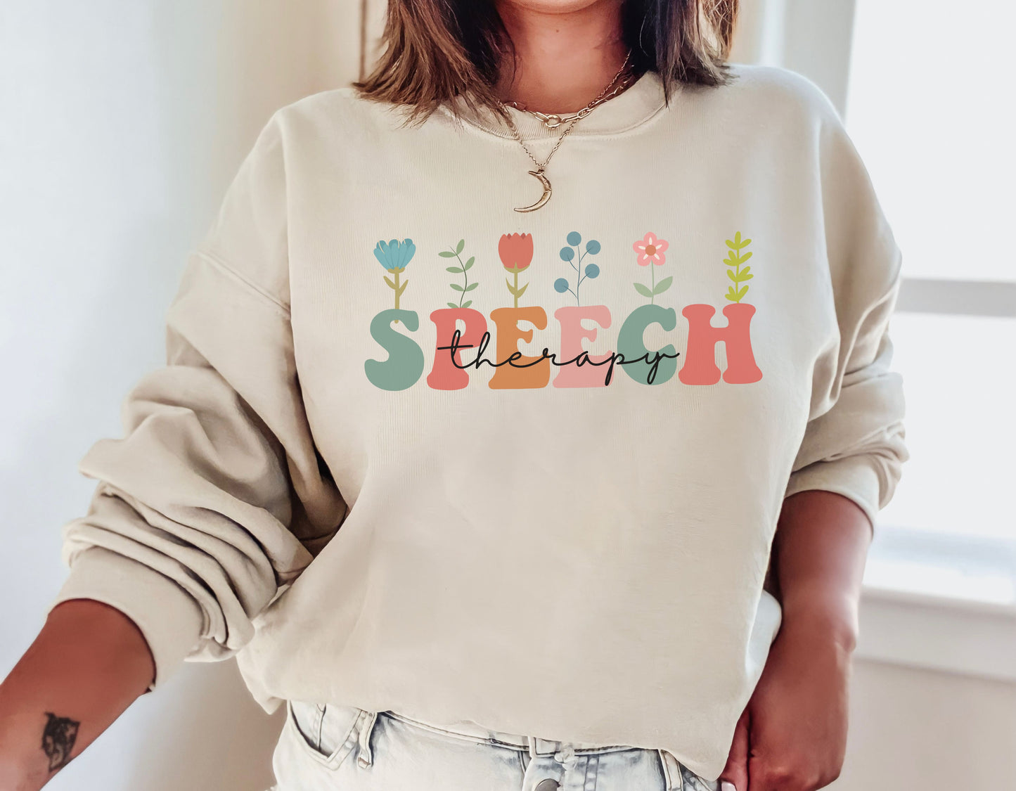 Floral Speech Therapy Sweatshirt, Groovy Font, Unisex Sweatshirt, Crewneck Jumper, Gift for Speech Therapist, Vintage Style Pullover