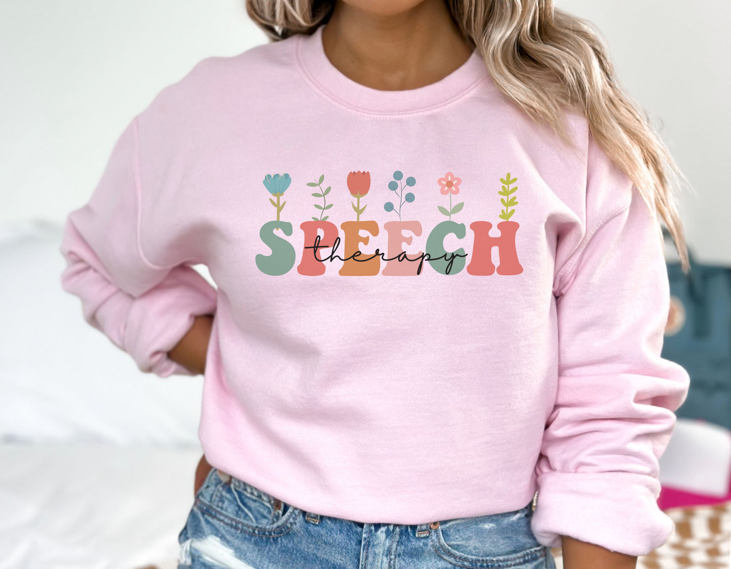 Floral Speech Therapy Sweatshirt, Groovy Font, Unisex Sweatshirt, Crewneck Jumper, Gift for Speech Therapist, Vintage Style Pullover