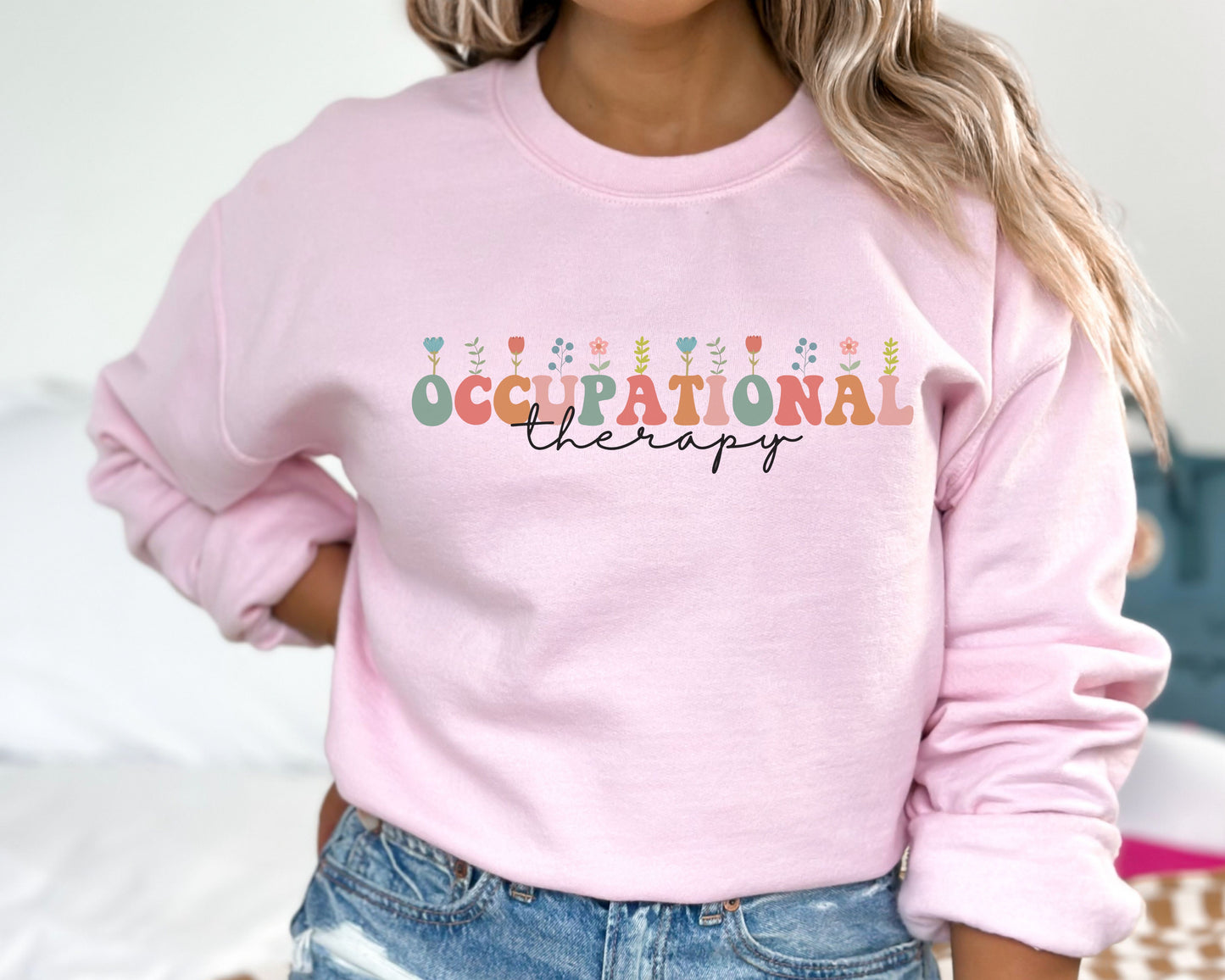 Floral Occupational Therapy Sweatshirt, Groovy Font, Unisex Sweatshirt, Crewneck Jumper, Gift for Occupational Therapist OTA