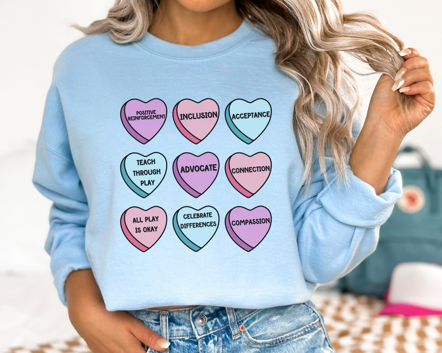 Inclusion Valentines Day Sweatshirt, Candy Hearts All Play is Okay, Celebrate Differences, Teacher Therapist crewneck