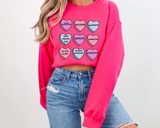 Inclusion Valentines Day Sweatshirt, Candy Hearts All Play is Okay, Celebrate Differences, Teacher Therapist crewneck