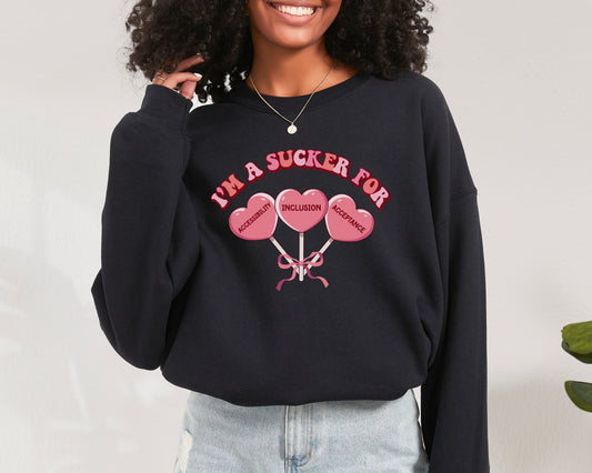 Inclusion and Acceptance Valentines Day Sweatshirt, I'm a Sucker for Inclusion, Heart Lollipop Advocacy Crewneck, Gildan 18000