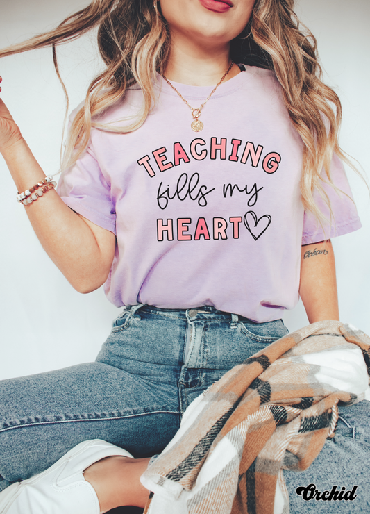 Valentines Day Teacher T-shirt, Teaching Fills My Heart tee, Comfort Colors Teacher Paraeducator Apparel