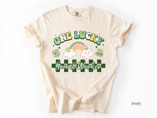 Checkered St. Patrick's Day Social Work T-shirt, One Lucky Social Worker Apparel, LCSW Tee, Comfort Colors 1717