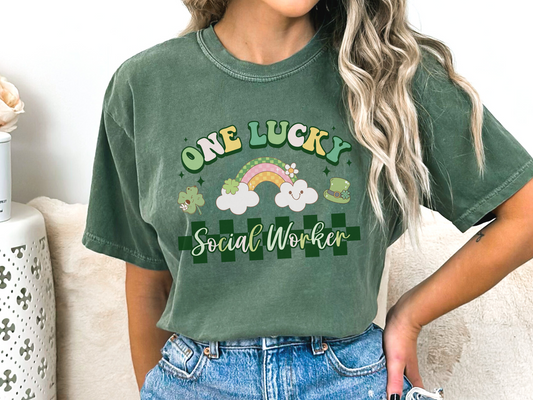 Checkered St. Patrick's Day Social Work T-shirt, One Lucky Social Worker Apparel, LCSW Tee, Comfort Colors 1717