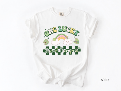 Checkered St. Patrick's Day Speech Therapy T-shirt, One Lucky Speech Therapist Apparel, SLP Tee, Comfort Colors 1717