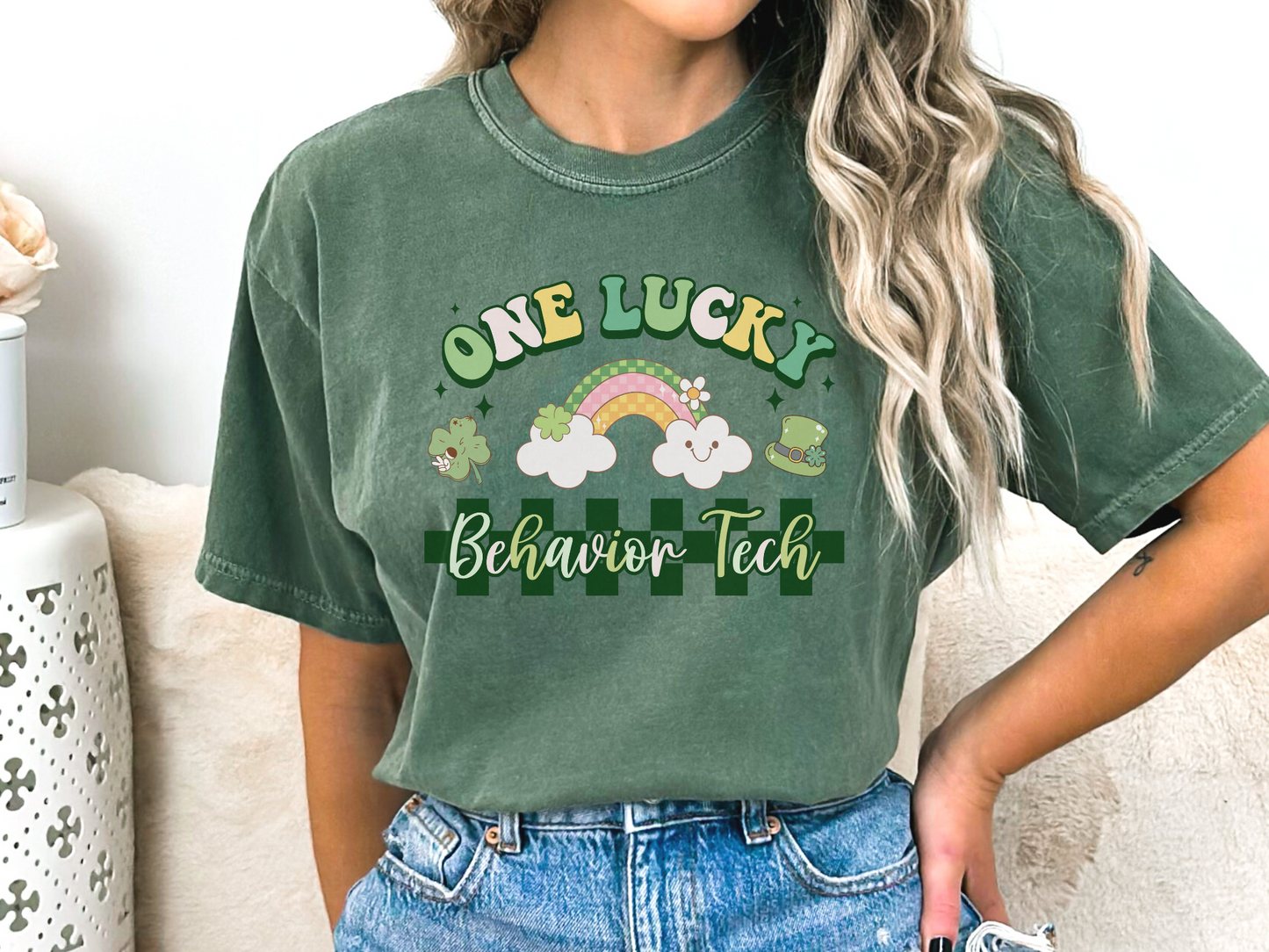 Checkered St. Patrick's Day RBT T-shirt, One Lucky Behavior Tech Apparel, Behavior Therapisy ABA Tee, Comfort Colors 1717